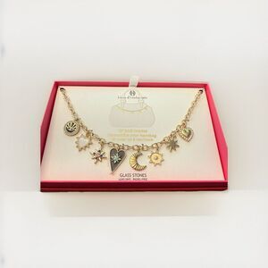 House Of Harlow 19” Bag Charm Gold tone Moon Stars Hearts Glass Stones New